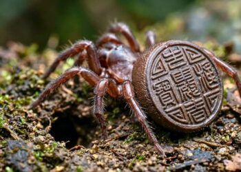 Macrofotografia ultra-realista da rara aranha Cyclocosmia ricketti mostrando o abdômen endurecido que parece um carimbo ou moeda chinesa antiga no solo da floresta.