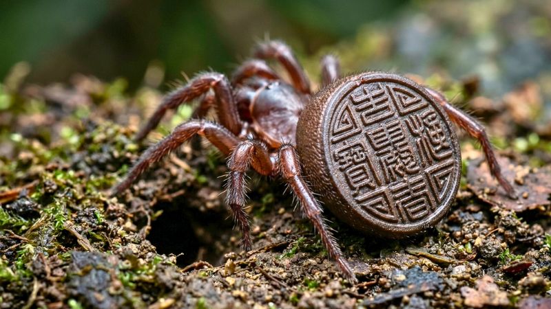 Macrofotografia ultra-realista da rara aranha Cyclocosmia ricketti mostrando o abdômen endurecido que parece um carimbo ou moeda chinesa antiga no solo da floresta.