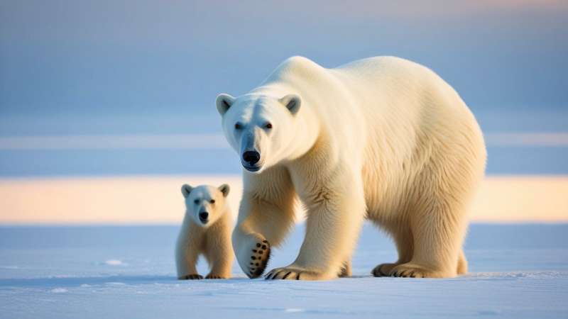 Urso polar no gelo mostrando qual a cor do urso polar e sua pelagem.