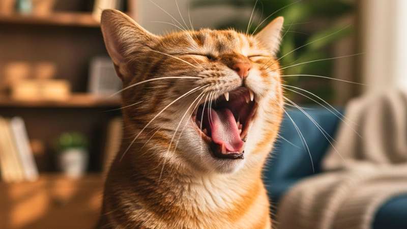 Gato laranja miando de forma expressiva em uma sala de estar, ilustrando a comunicação e os sons dos gatos.