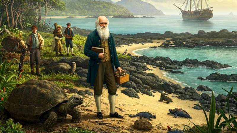 Retrato de Charles Darwin e elementos da teoria da evolução.