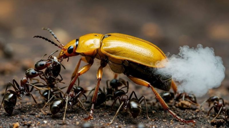 Besouro bombardeiro disparando jato químico defensivo com precisão.