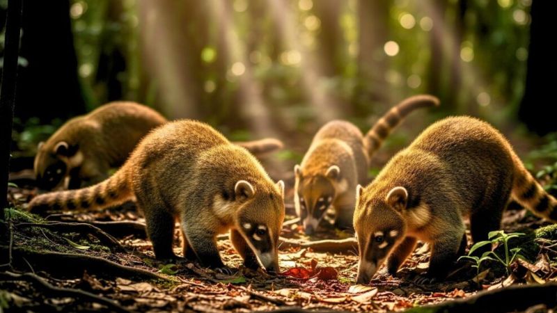 Grande bando social de quatis, com fêmeas e filhotes, forrageando juntos no chão da floresta.