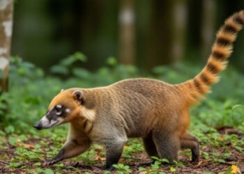 Quati de cauda anelada caminhando na floresta, ilustrando seu tamanho de até 65 cm de corpo e cauda longa.