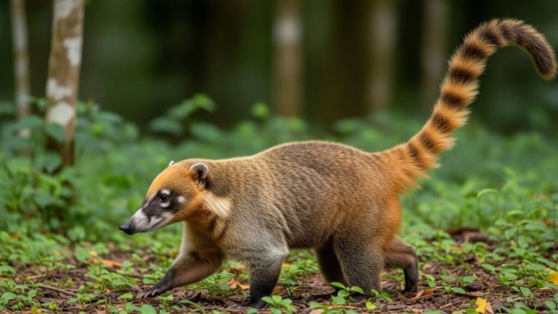 Quati de cauda anelada caminhando na floresta, ilustrando seu tamanho de até 65 cm de corpo e cauda longa.