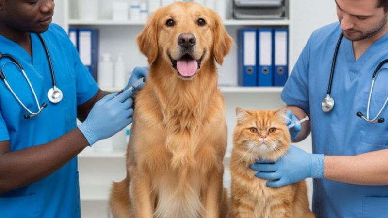 Cão e gato recebendo vacina do veterinário Dr. André Mello na clínica Vet Center, reforçando o protocolo de vacinação de cães e gatos.