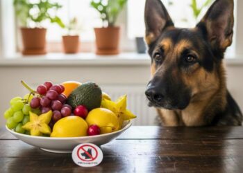 Cão Pastor Alemão olhando para prato com frutas proibidas como uvas e carambola