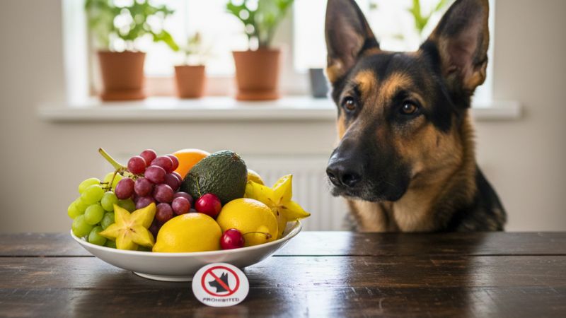 Cão Pastor Alemão olhando para prato com frutas proibidas como uvas e carambola