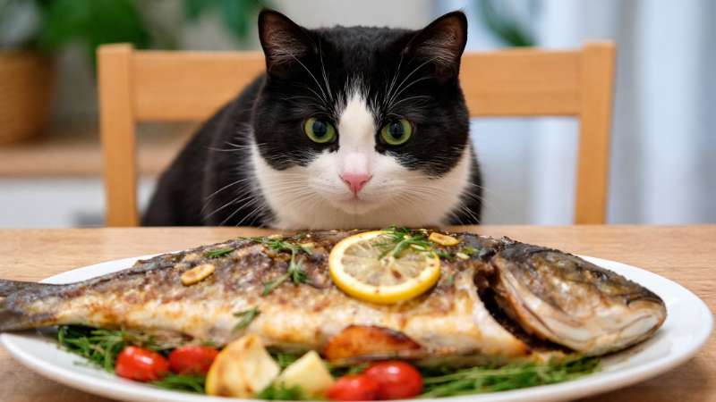 Gato bicolor olhando para um peixe assado no prato sobre a mesa.