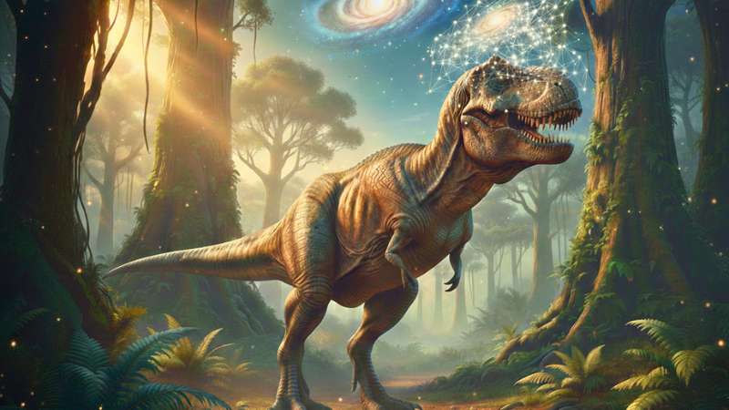 Ilustração cinematográfica de um T-Rex no período Cretáceo representando a inteligência dos dinossauros.