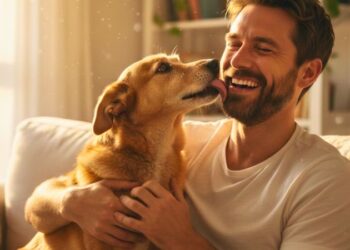 Cachorro vira-lata caramelo lambendo o rosto do tutor sentado no sofá.