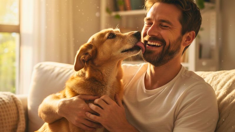Cachorro vira-lata caramelo lambendo o rosto do tutor sentado no sofá.