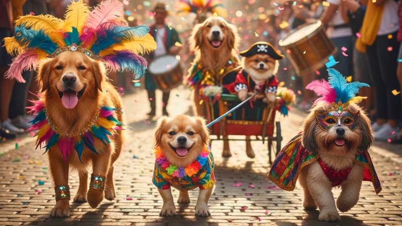 Grupo de cães fantasiados em um bloco de carnaval de rua com confetes coloridos.