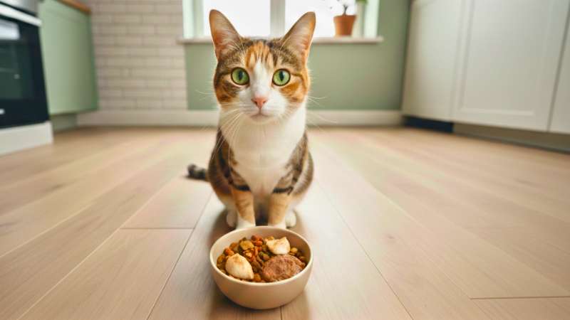 Gato olhando para tigela com ração e toppings saudáveis em ângulo de cima para baixo.