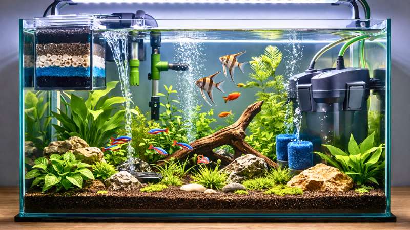 Aquário retangular com sistema de filtragem completo e água cristalina.