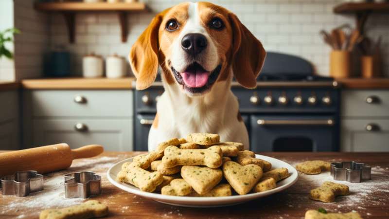 Cachorro beagle feliz em uma cozinha com prato de petiscos que limpam dentes caninos.