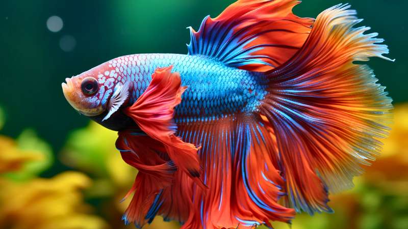 Peixe Betta colorido em um aquário com água equilibrada, ilustrando por que o peixe betta muda de cor.