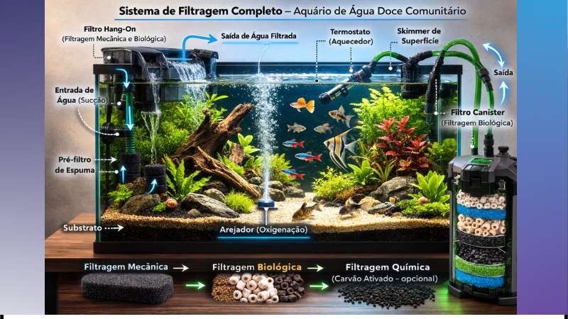 Detalhe de filtro para aquário mostrando mídias filtrantes e carvão ativado.