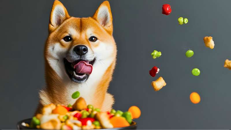 cachorro feliz olhando para pote de comida natural com suplementos