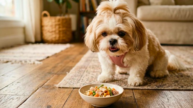 Cão shih tzu branco e bege em frente a um pote pequeno com alimentação natural caseira.