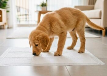 Cãozinho de porte pequeno cheirando educadamente um tapete higiênico premium em uma sala limpa.