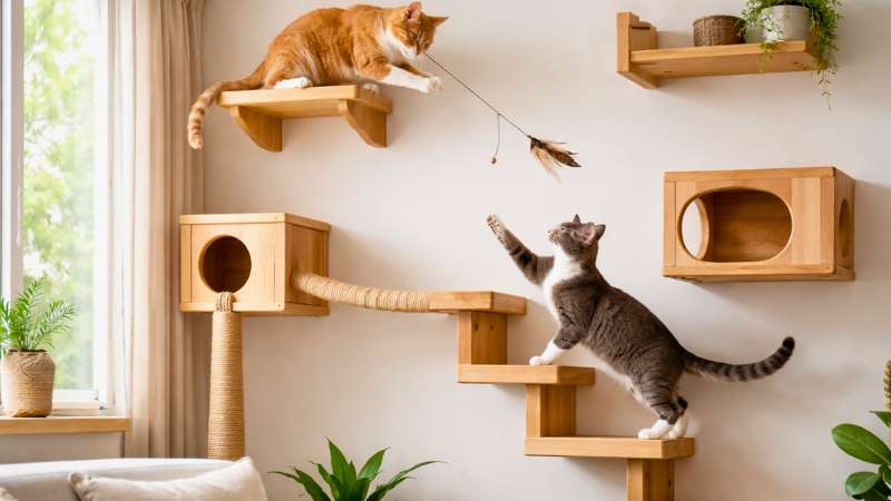 Gato brincando em prateleiras de madeira para enriquecimento ambiental.