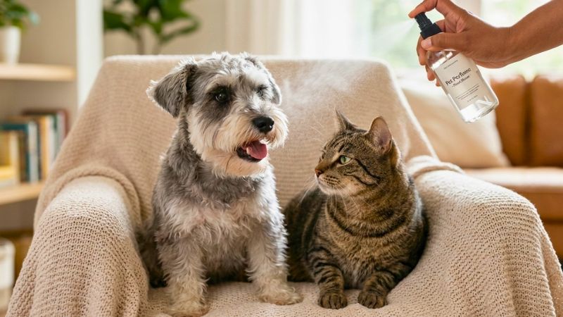 Cão e gato felizes recebendo perfume para pets.