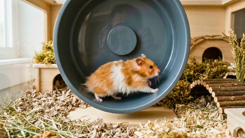 Hamster correndo em rodinha de exercício com superfície sólida e tamanho adequado para a coluna.