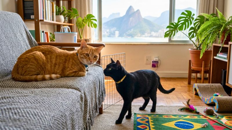 Dois gatos, um laranja e um preto, se cheirando calmamente em um apartamento com vista para o Morro Dois Irmãos no Rio de Janeiro.