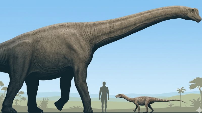 Comparação de escala entre o gigante dinossauro Austroposeidon e o pequeno Saturnalia com silhueta humana.