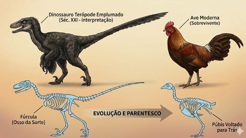 Ilustração comparativa entre o esqueleto de um dinossauro terópode e uma ave moderna, destacando a evolução.