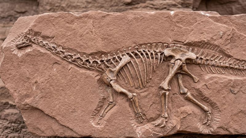 Fóssil de esqueleto de dinossauro saurópode preservado em rocha sedimentar, demonstrando o processo de fossilização.