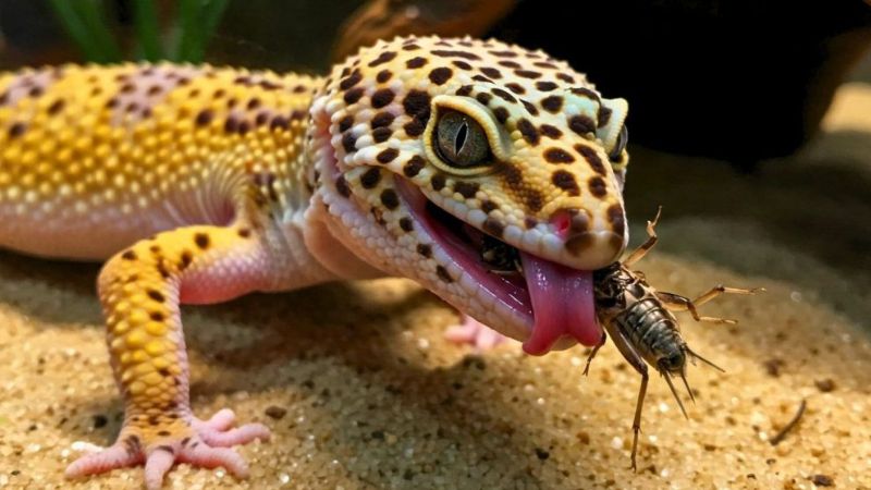 Gecko leopardo caçando e se alimentando de inseto nutritivo.