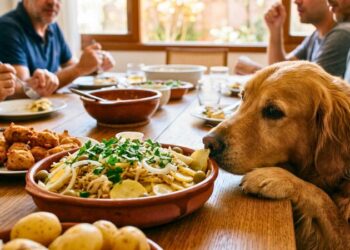 Golden Retriever olhando para mesa de almoço de Páscoa com Bacalhau à Brás e bolinhos de bacalhau, ilustrando os perigos de alimentos proibidos para cães.