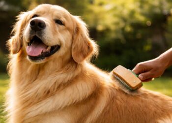 Golden retriever sendo escovado por tutor com escova profissional, exibindo pelagem brilhante.