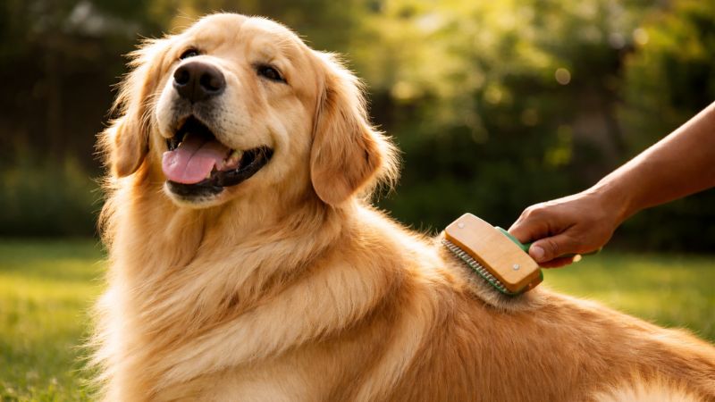 Golden retriever sendo escovado por tutor com escova profissional, exibindo pelagem brilhante.