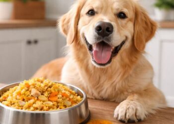 Cão com pote de alimentação natural contendo risoto de frango e legumes.