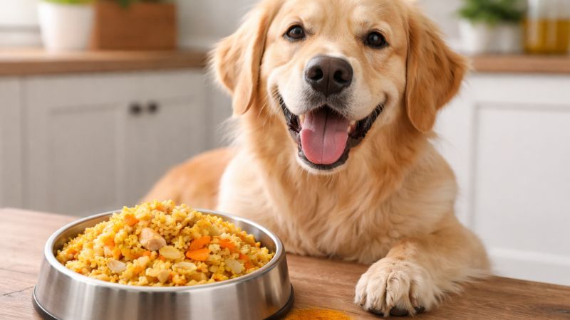 Cão com pote de alimentação natural contendo risoto de frango e legumes.
