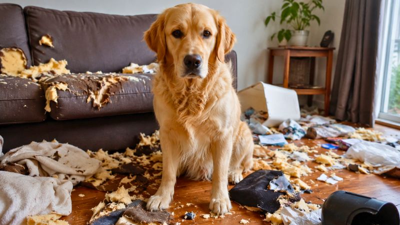 Cachorro sentado no meio da bagunça doméstica com objetos destruídos, ilustrando por que o cachorro destrói tudo.