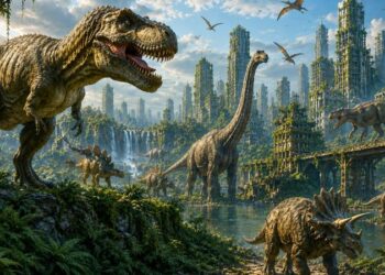 Ilustração de uma cidade futurista com dinossauros selvagens caminhando entre prédios e vegetação densa.