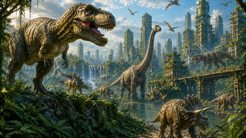 Ilustração de uma cidade futurista com dinossauros selvagens caminhando entre prédios e vegetação densa.
