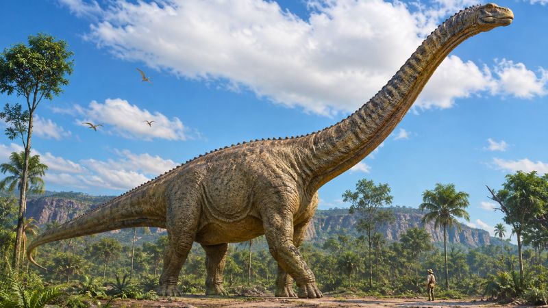 Reconstrução artística de um dinossauro saurópode gigante encontrado no Tocantins, no Brasil