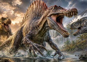 Ilustração detalhada do Espinossauro, o dinossauro mais assustador, caçando próximo a um rio pré-histórico.