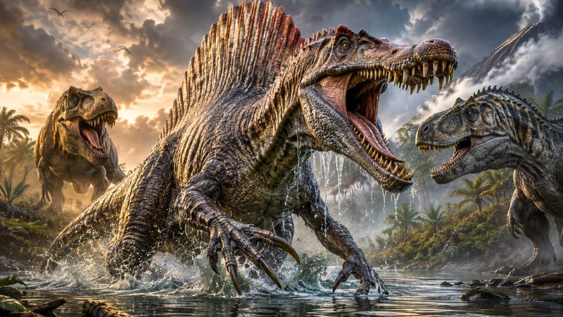 Ilustração detalhada do Espinossauro, o dinossauro mais assustador, caçando próximo a um rio pré-histórico.