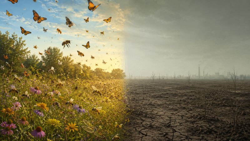 Imagem ilustrando o desaparecimento de insetos e os impactos ambientais causados pela urbanização e poluição.