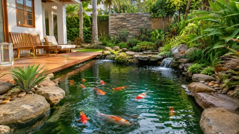 Lindo lago ornamental com peixes carpa koi coloridas em um jardim tropical com pedras e plantas.