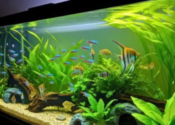 Aquário limpo e equilibrado com peixes saudáveis, destacando a importância da manutenção periódica.