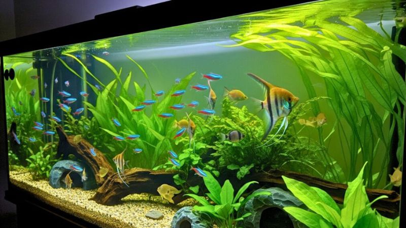 Aquário limpo e equilibrado com peixes saudáveis, destacando a importância da manutenção periódica.