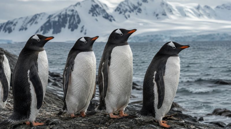 Pinguins em grupo na costa antártica gelada, ilustrando a vida selvagem em regiões polares.