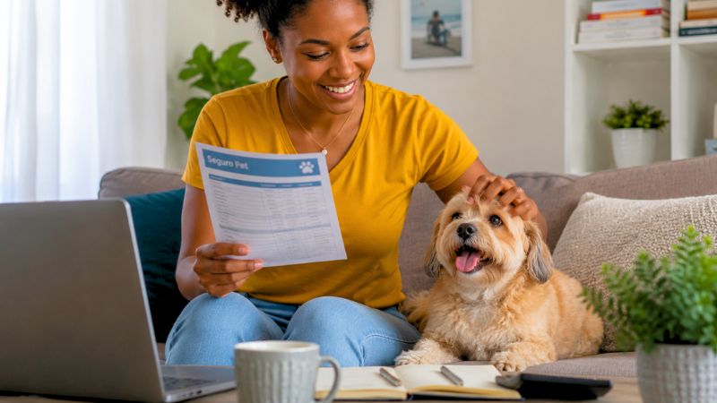 Tutora segurando formulário de seguro pet e abraçando seu cão para mostrar se o plano vale a pena.